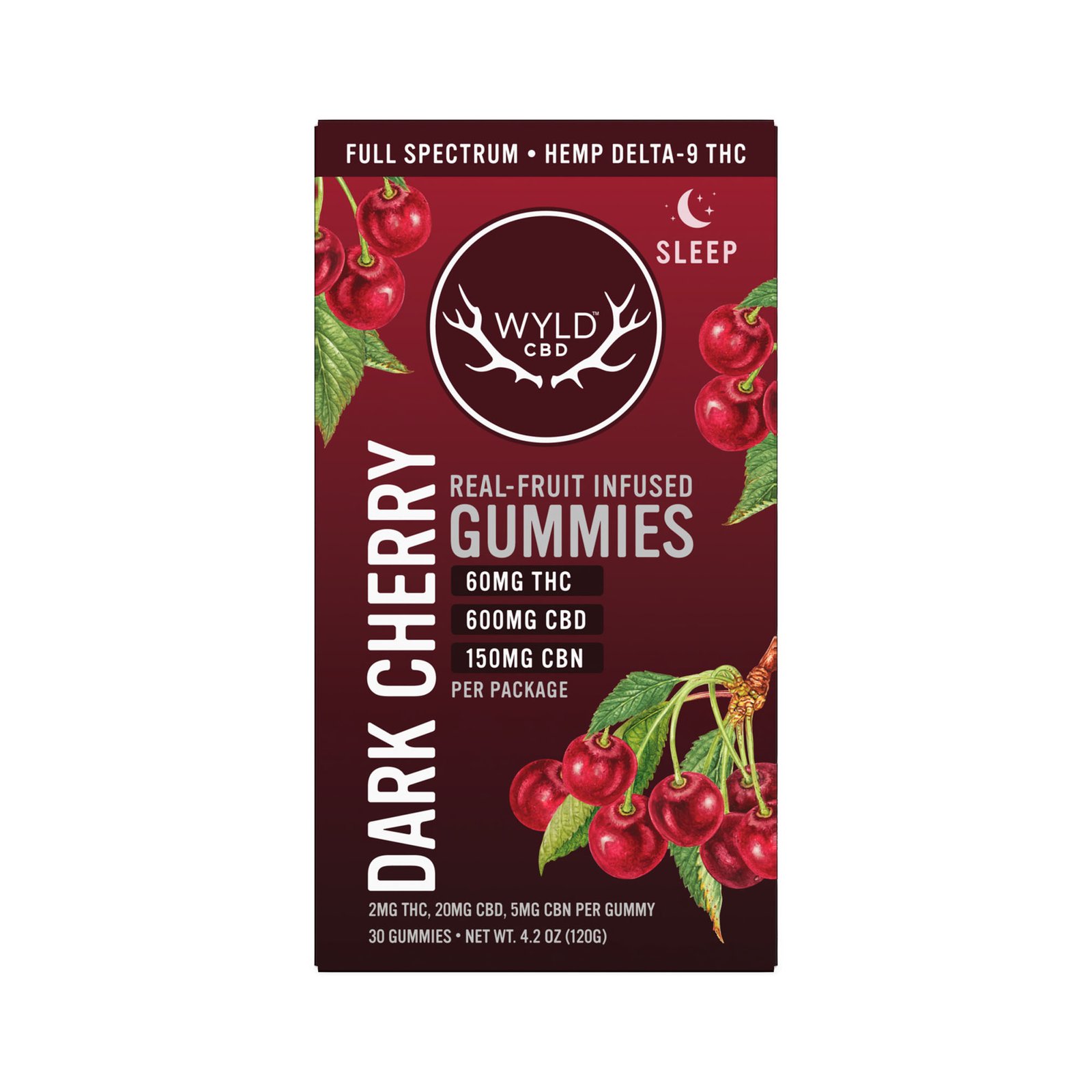 Wyld CBD, Dark Cherry Sleep CBD+THC Gummies, Full Spectrum, 30ct, 60mg THC + 150mg CBN + 600mg CBD - Image 2
